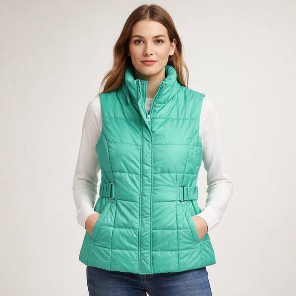 New York & Company Jackets & Blazers - NY&Co. Puffer Vest Green Size Large Buckle Sides